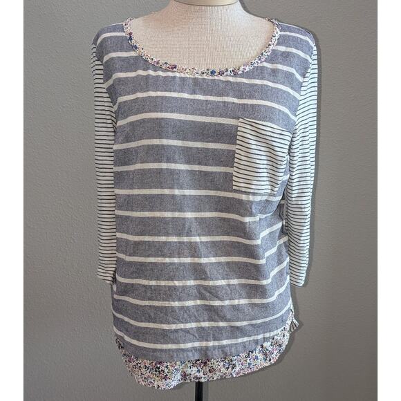 Anthropologie Postmark Striped Floral Contrasting Long Sleeve Pocket Tee Shirt L - Picture 1 of 4